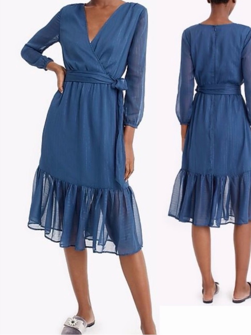 Jcrew Point Sur Teal Long Sleeve Navy Wrap Midi Dress with Tie Waist